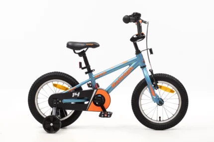 אופני ילדים BMX MXR 14 אינץ' Raleigh בצבע כחול – שלדת אלומיניום קלה, גלגלי עזר לביטחון, בלם רגל אחורי ובלם V קדמי, מתאים לגילאי 3–5 בתל אביב – אופני שחף