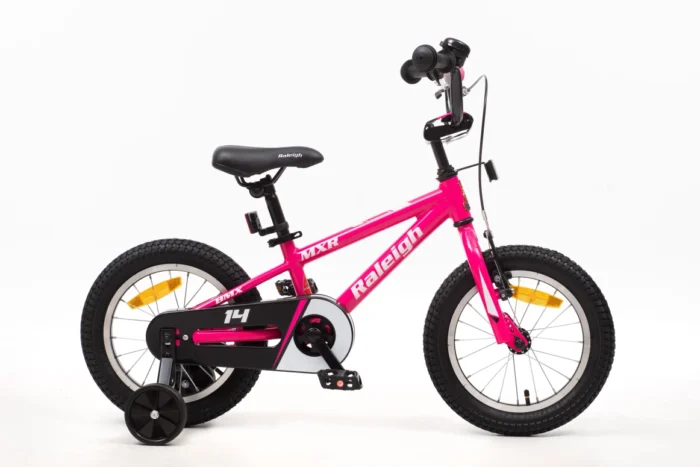 אופני ילדים BMX MXR 14 אינץ' Raleigh בצבע כחול – שלדת אלומיניום קלה, גלגלי עזר לביטחון, בלם רגל אחורי ובלם V קדמי, מתאים לגילאי 3–5 בתל אביב – אופני שחף